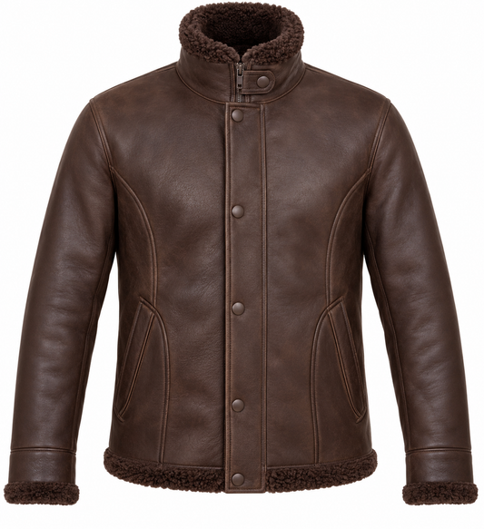 Men’s Brown Sheepskin Shearling Curved-Panel Storm-Collar Flight Jacket — SH075