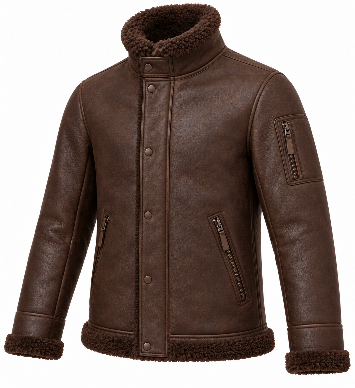 Men’s Brown Sheepskin Shearling Utility-Zip Storm-Collar Flight Jacket — SH076