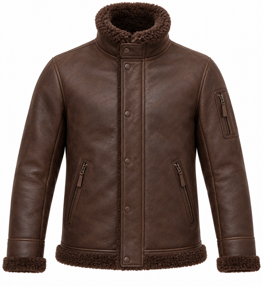 Men’s Brown Sheepskin Shearling Utility-Zip Storm-Collar Flight Jacket — SH076