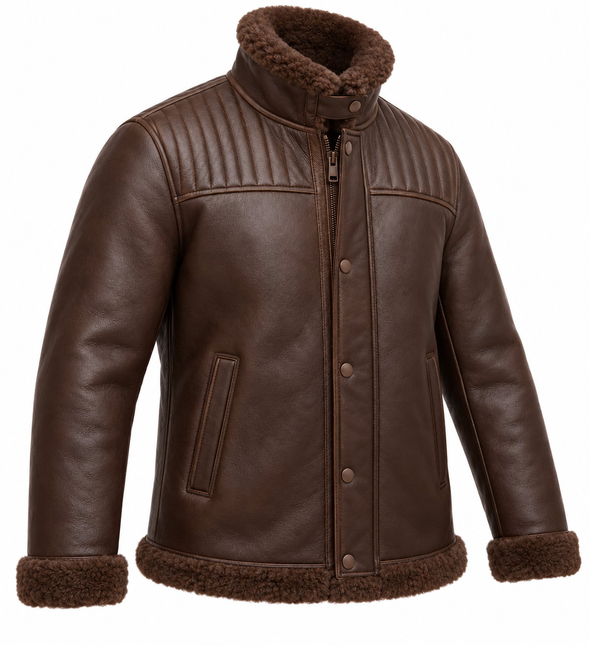 Men’s Brown Sheepskin Shearling Channel-Yoke Storm-Collar Flight Jacket — SH077