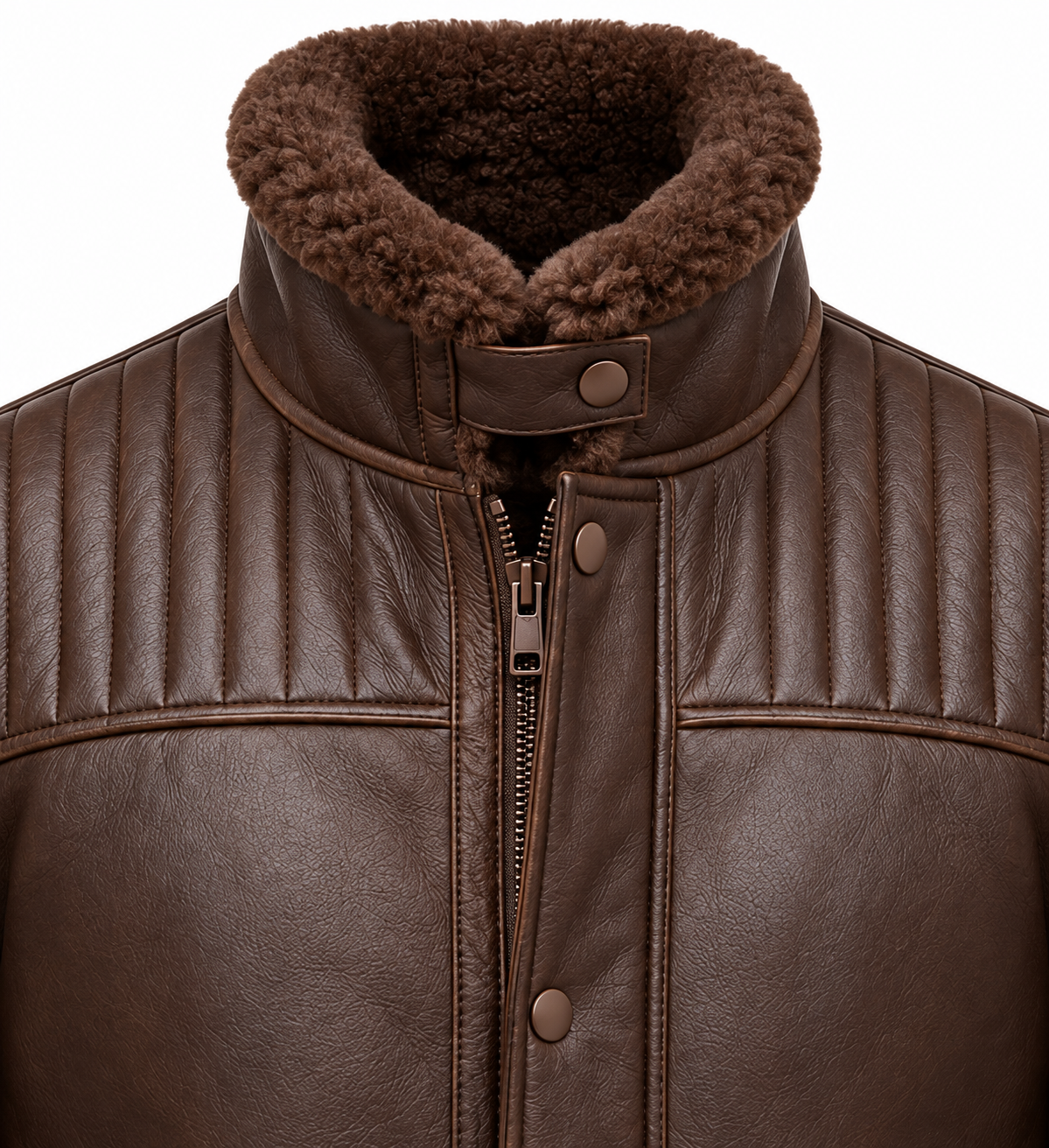 Men’s Brown Sheepskin Shearling Channel-Yoke Storm-Collar Flight Jacket — SH077