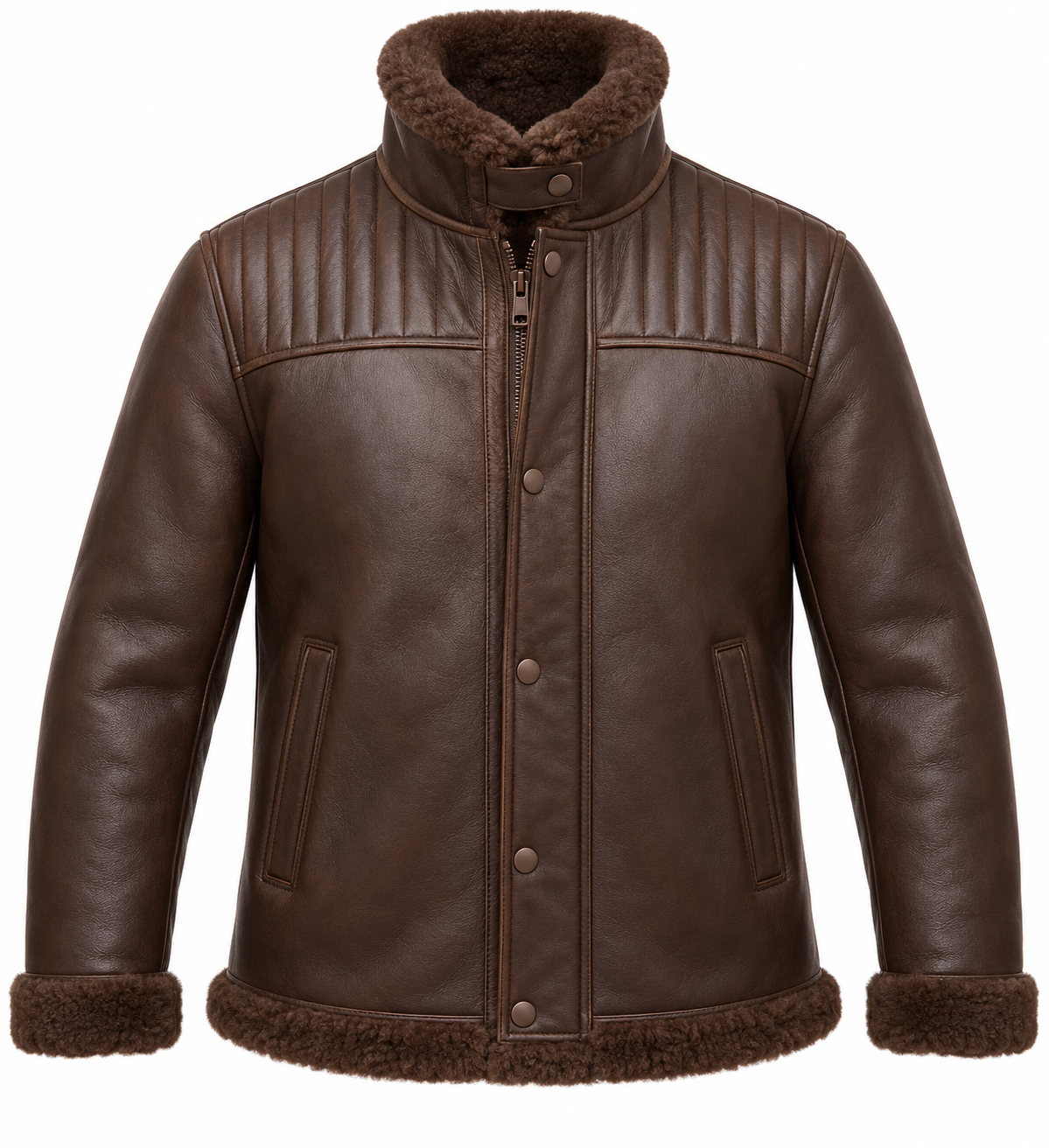 Men’s Brown Sheepskin Shearling Channel-Yoke Storm-Collar Flight Jacket — SH077