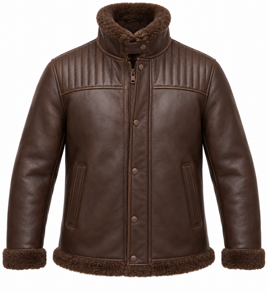 Men’s Brown Sheepskin Shearling Channel-Yoke Storm-Collar Flight Jacket — SH077