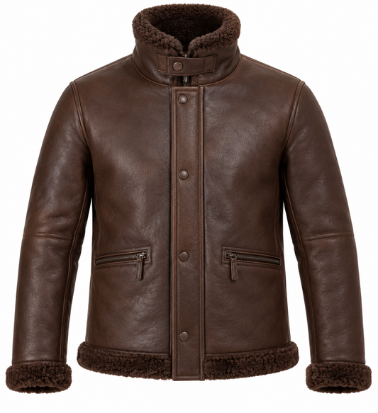 Men’s Brown Sheepskin Shearling Half-Belt Storm-Collar Flight Jacket — SH078