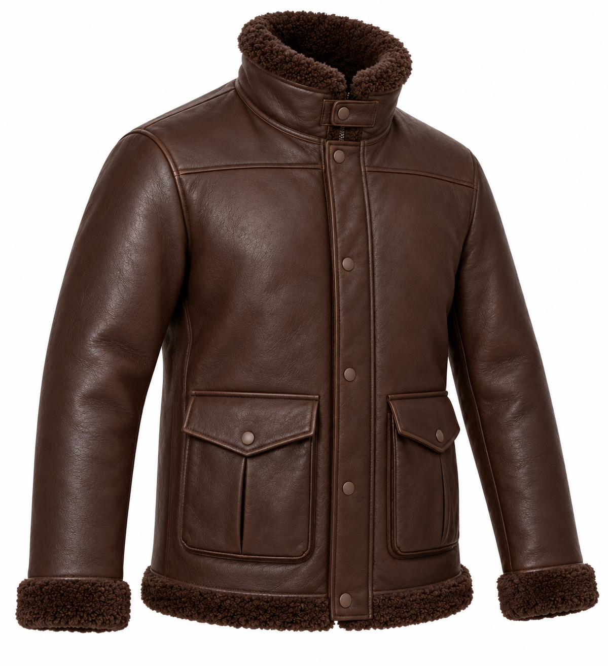 Men’s Brown Sheepskin Shearling Angular-Flap Storm-Collar Flight Jacket — SH079