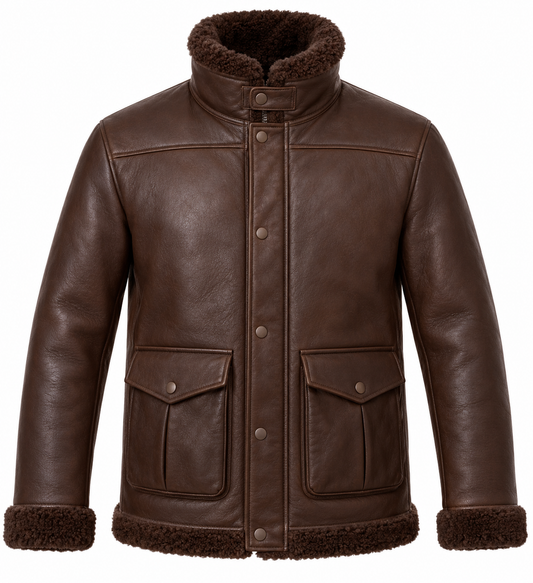 Men’s Brown Sheepskin Shearling Angular-Flap Storm-Collar Flight Jacket — SH079