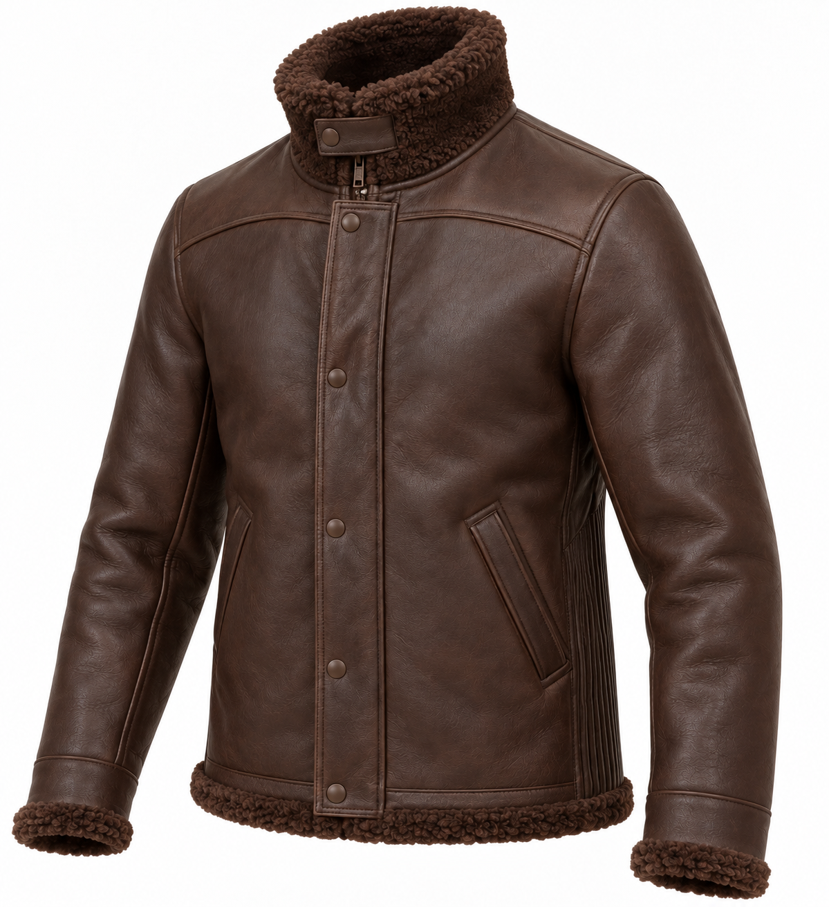 Men’s Brown Sheepskin Shearling Accordion-Side Storm-Collar Flight Jacket — SH080