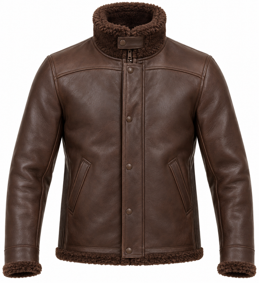 Men’s Brown Sheepskin Shearling Accordion-Side Storm-Collar Flight Jacket — SH080