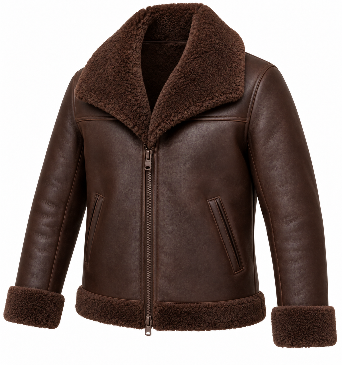 Men’s Brown Sheepskin Shearling Slanted-Welt Shawl-Collar Jacket — SH081