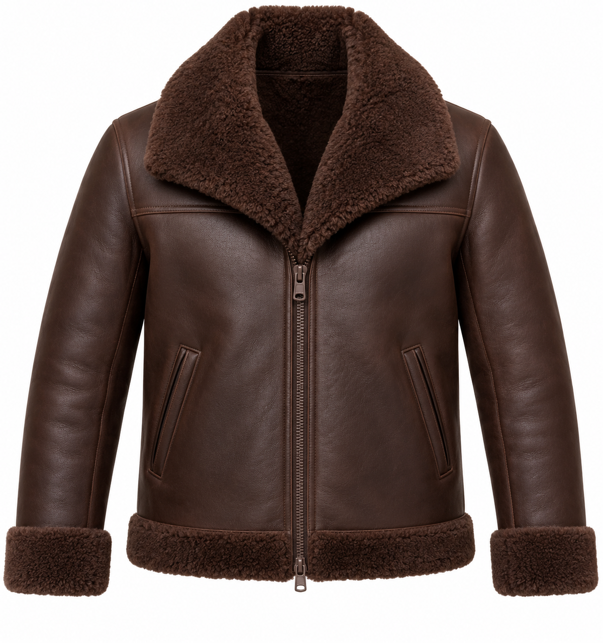 Men’s Brown Sheepskin Shearling Slanted-Welt Shawl-Collar Jacket — SH081