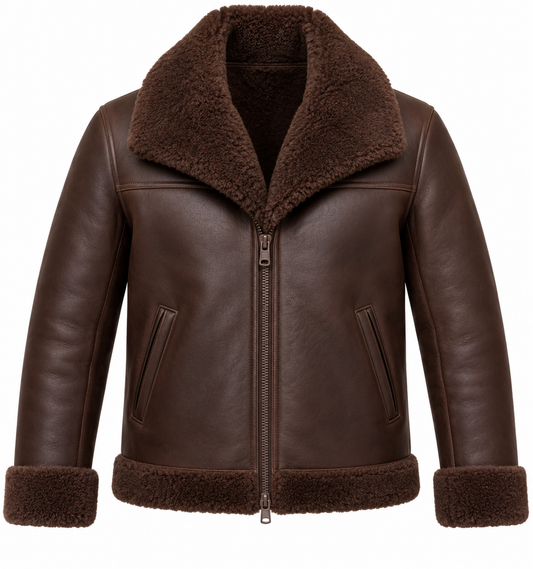 Men’s Brown Sheepskin Shearling Slanted-Welt Shawl-Collar Jacket — SH081