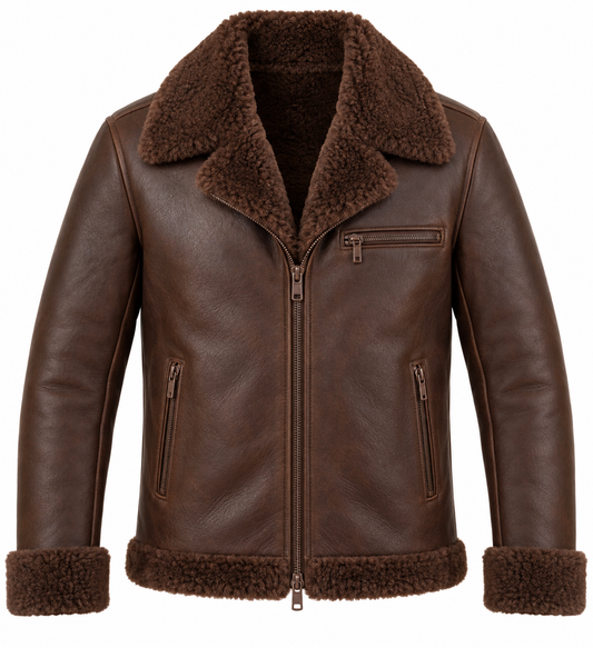 Men’s Brown Sheepskin Shearling Twin-Zip Shawl-Collar Jacket — SH082