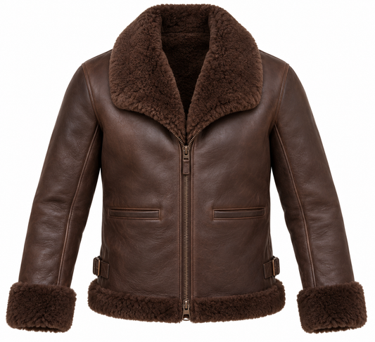 Men’s Brown Sheepskin Shearling Buckle-Waist Shawl-Collar Jacket — SH083
