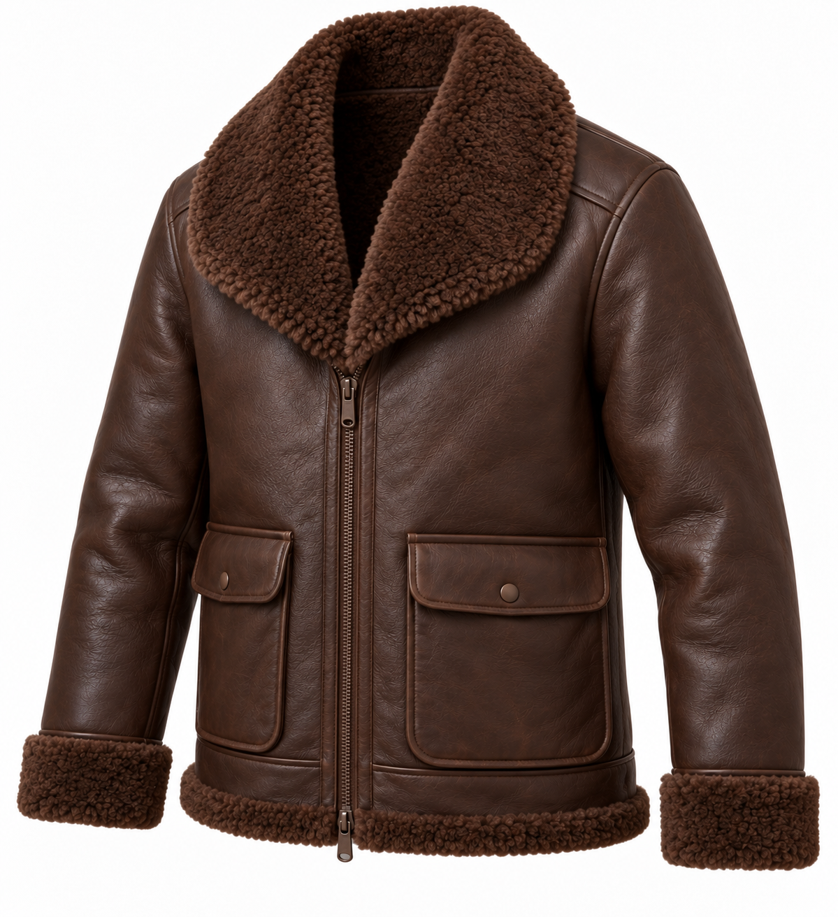 Men’s Brown Sheepskin Shearling Patch-Pocket Shawl-Collar Jacket — SH084