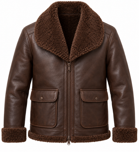 Men’s Brown Sheepskin Shearling Patch-Pocket Shawl-Collar Jacket — SH084