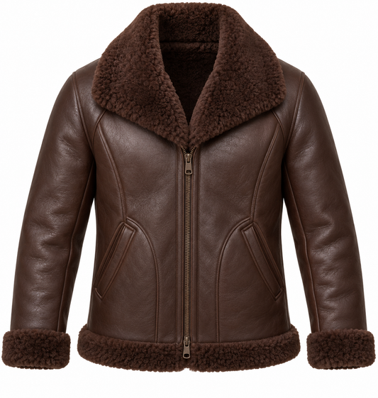 Men’s Brown Sheepskin Shearling Curved-Panel Shawl-Collar Jacket — SH085