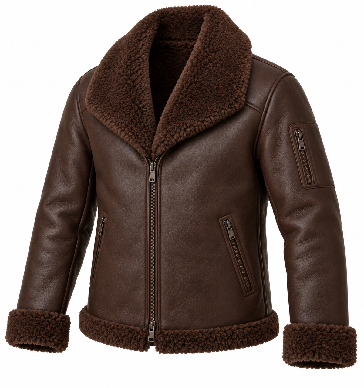 Men’s Brown Sheepskin Shearling Utility-Zip Shawl-Collar Jacket — SH086