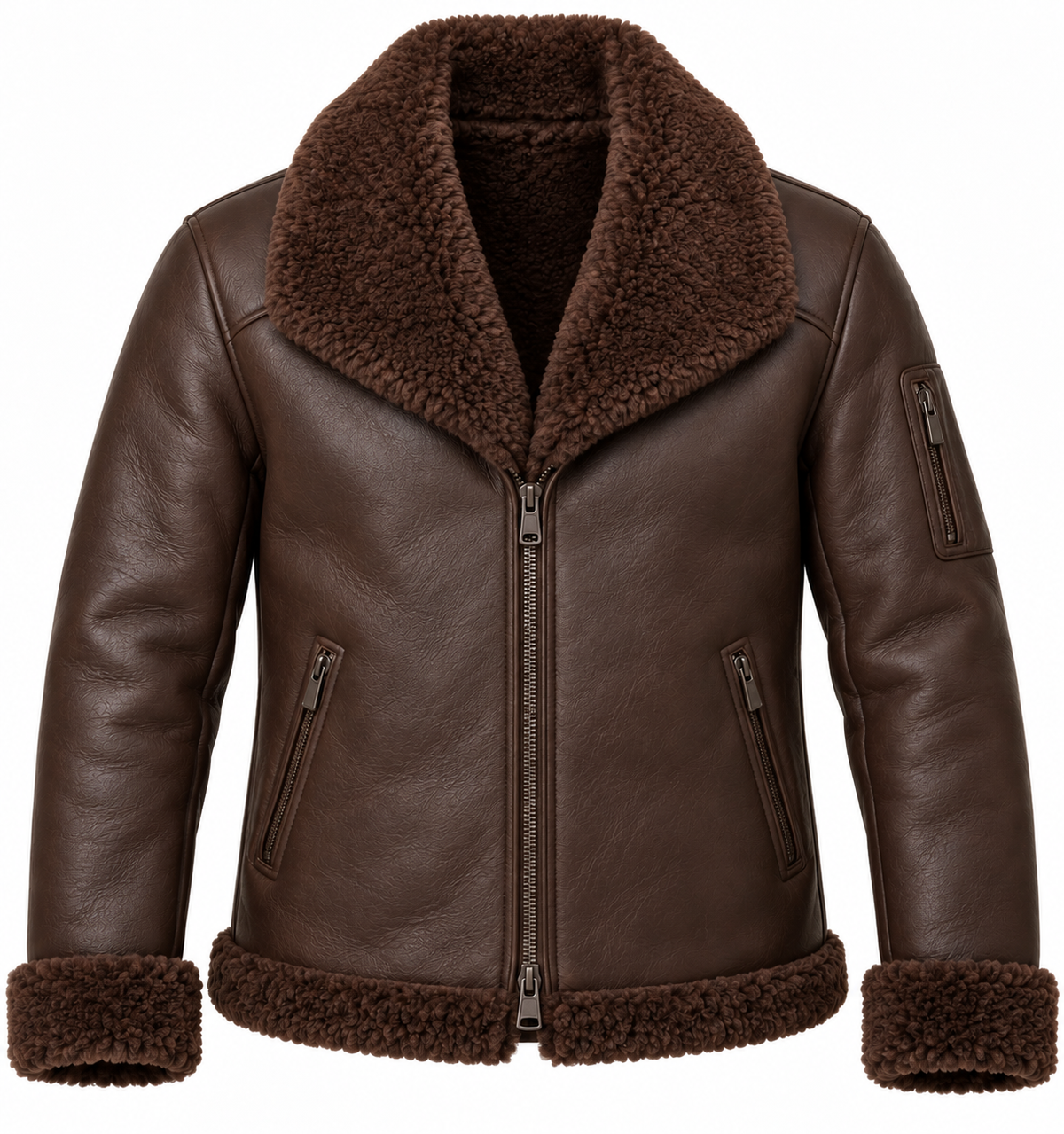 Men’s Brown Sheepskin Shearling Utility-Zip Shawl-Collar Jacket — SH086