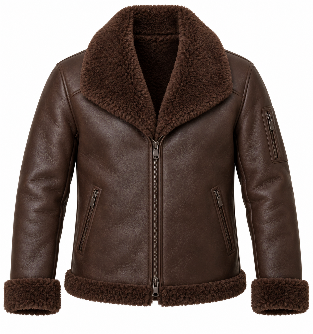 Men’s Brown Sheepskin Shearling Utility-Zip Shawl-Collar Jacket — SH086