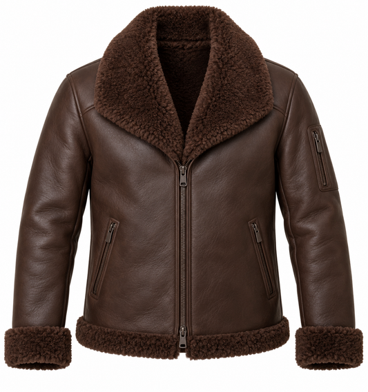 Men’s Brown Sheepskin Shearling Utility-Zip Shawl-Collar Jacket — SH086