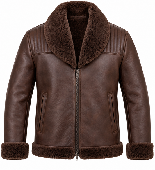 Men’s Brown Sheepskin Shearling Channel-Yoke Shawl-Collar Jacket — SH087