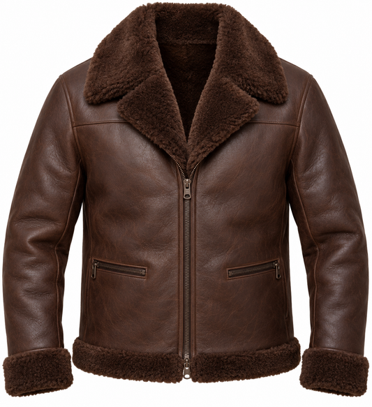 Men’s Brown Sheepskin Shearling Half-Belt Shawl-Collar Jacket — SH088