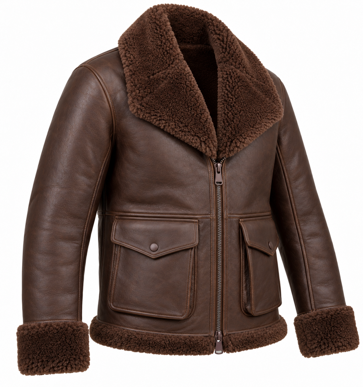 Men’s Brown Sheepskin Shearling Angular-Flap Shawl-Collar Jacket — SH089