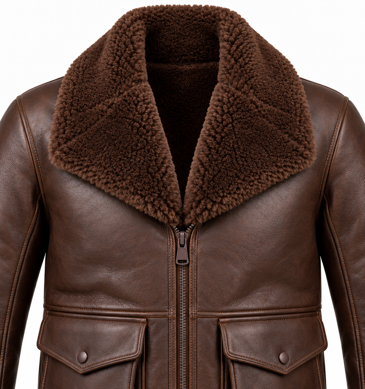 Men’s Brown Sheepskin Shearling Angular-Flap Shawl-Collar Jacket — SH089
