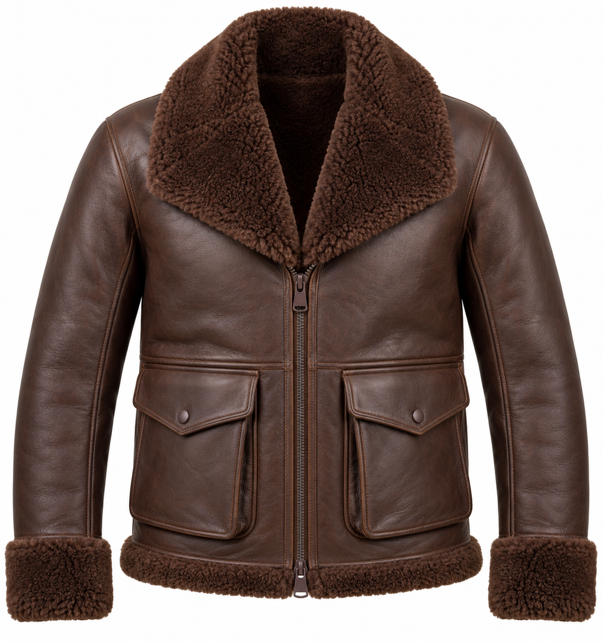 Men’s Brown Sheepskin Shearling Angular-Flap Shawl-Collar Jacket — SH089