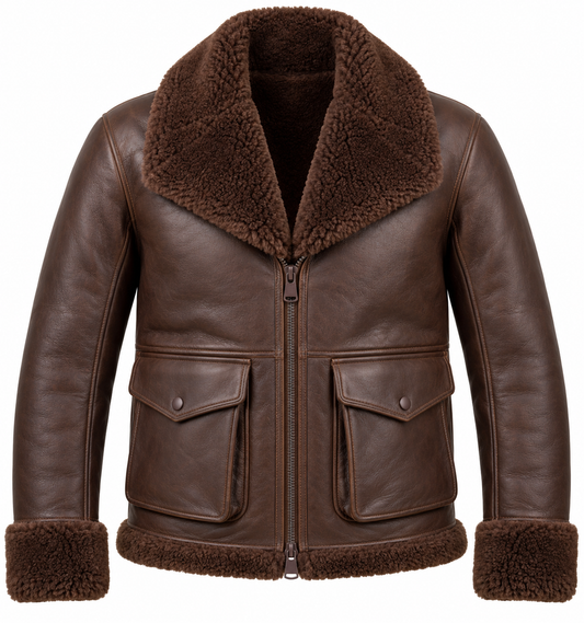 Men’s Brown Sheepskin Shearling Angular-Flap Shawl-Collar Jacket — SH089