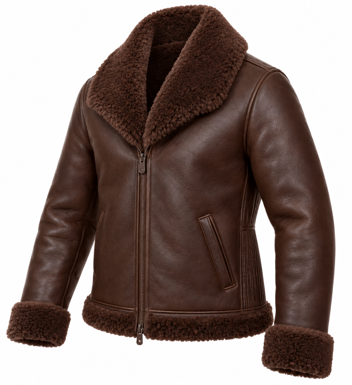 Men’s Brown Sheepskin Shearling Accordion-Side Shawl-Collar Jacket — SH090