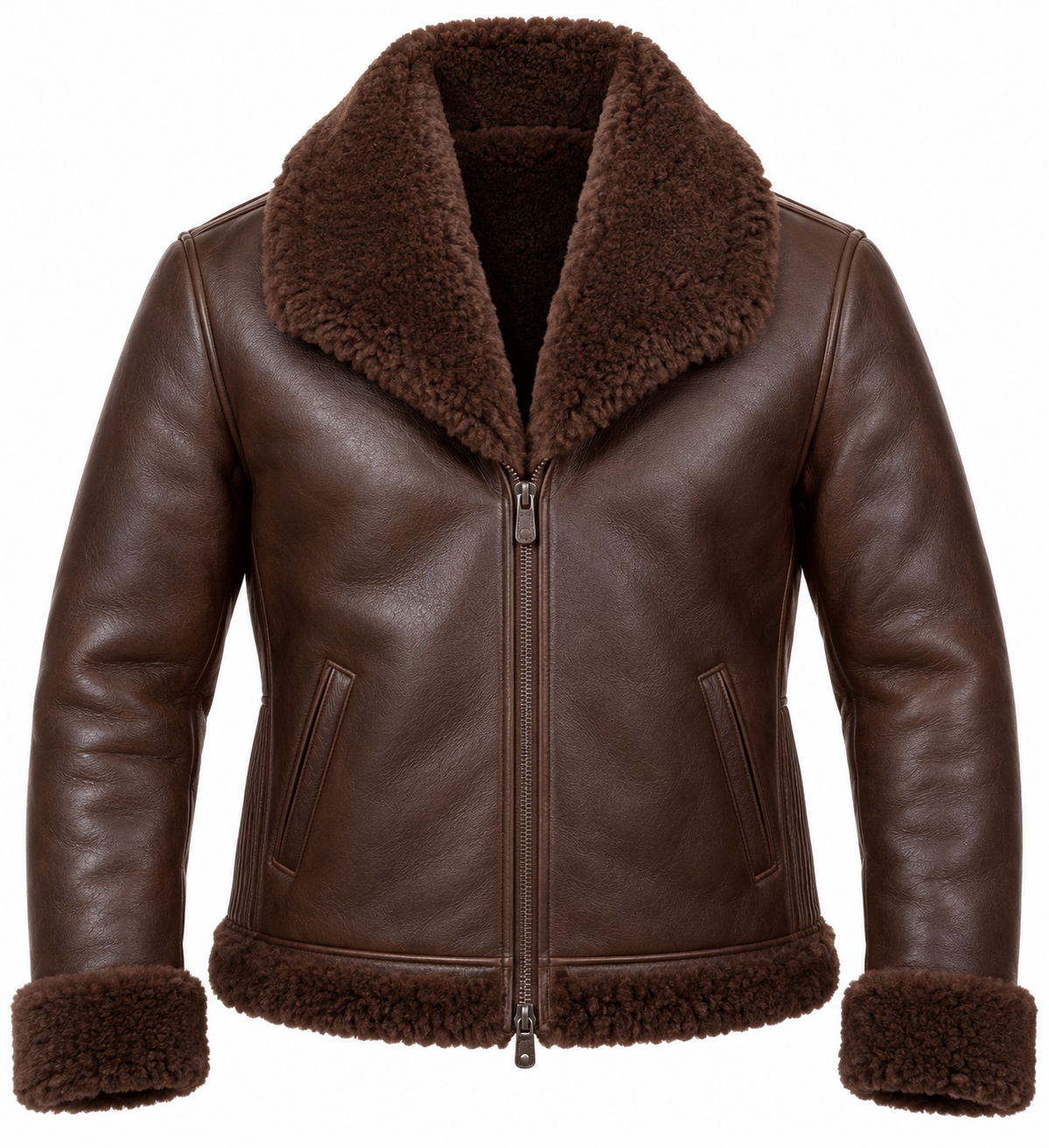Men’s Brown Sheepskin Shearling Accordion-Side Shawl-Collar Jacket — SH090