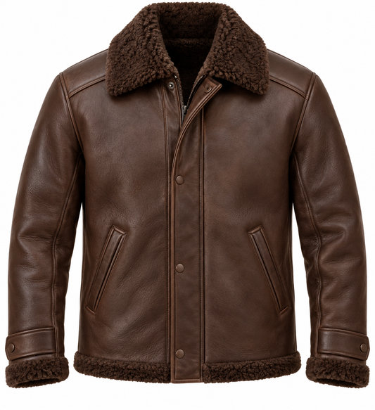 Men’s Brown Sheepskin Shearling Slanted-Welt Field Jacket — SH091