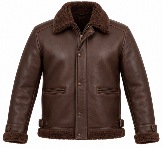 Men’s Brown Sheepskin Shearling Buckle-Waist Field Jacket — SH093