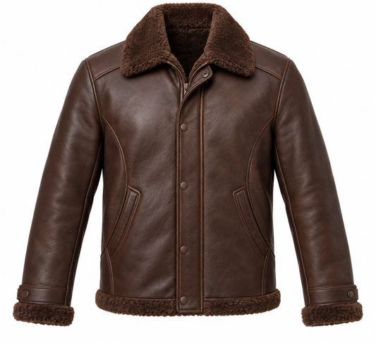 Men’s Brown Sheepskin Shearling Curved-Panel Field Jacket — SH095