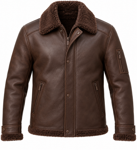 Men’s Brown Sheepskin Shearling Utility-Zip Field Jacket — SH096
