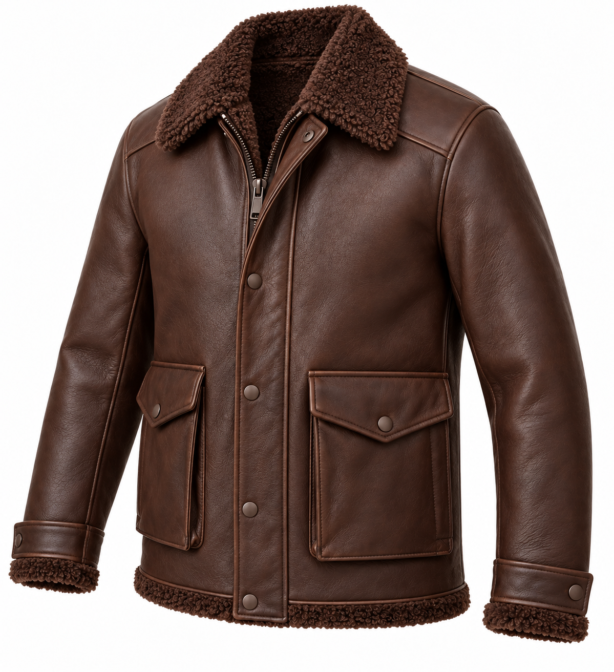 Men’s Brown Sheepskin Shearling Angular-Flap Field Jacket — SH099