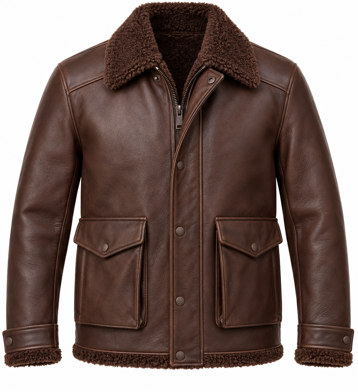 Men’s Brown Sheepskin Shearling Angular-Flap Field Jacket — SH099