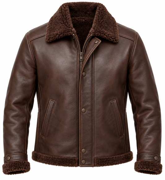 Men’s Brown Sheepskin Shearling Accordion-Side Field Jacket — SH100