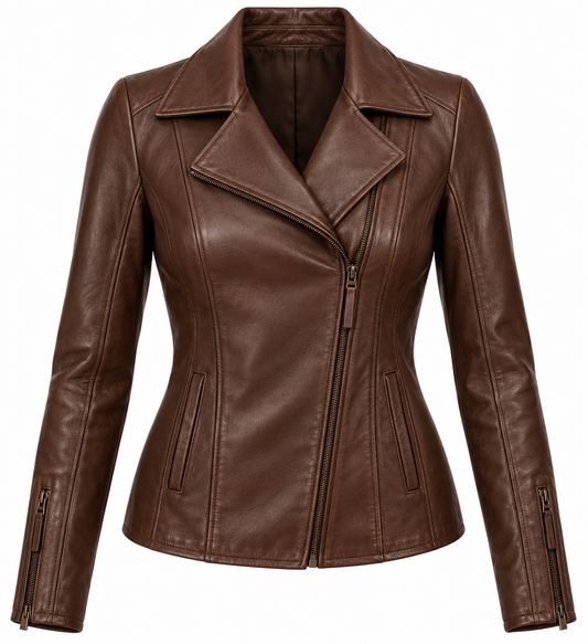 Women’s Brown Sheepskin Leather Princess-Seam Asymmetric Moto Jacket — W001
