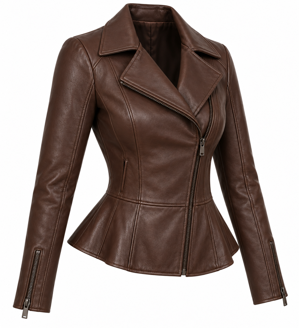 Women’s Brown Sheepskin Leather Peplum Asymmetric Moto Jacket — W002