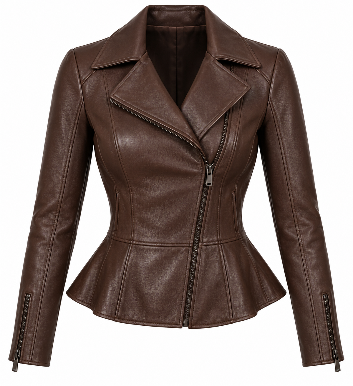 Women’s Brown Sheepskin Leather Peplum Asymmetric Moto Jacket — W002