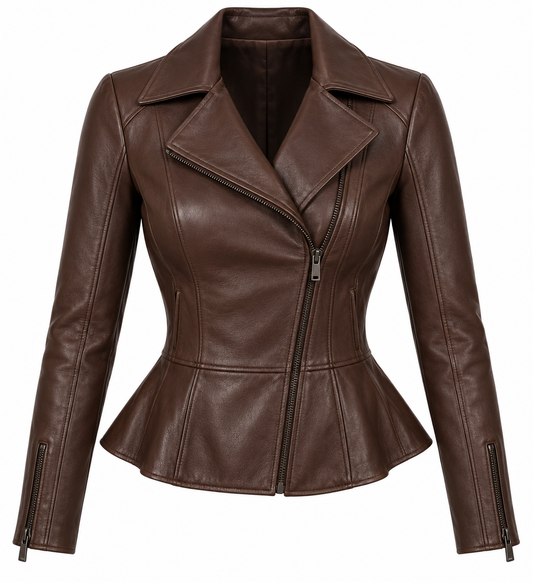 Women’s Brown Sheepskin Leather Peplum Asymmetric Moto Jacket — W002
