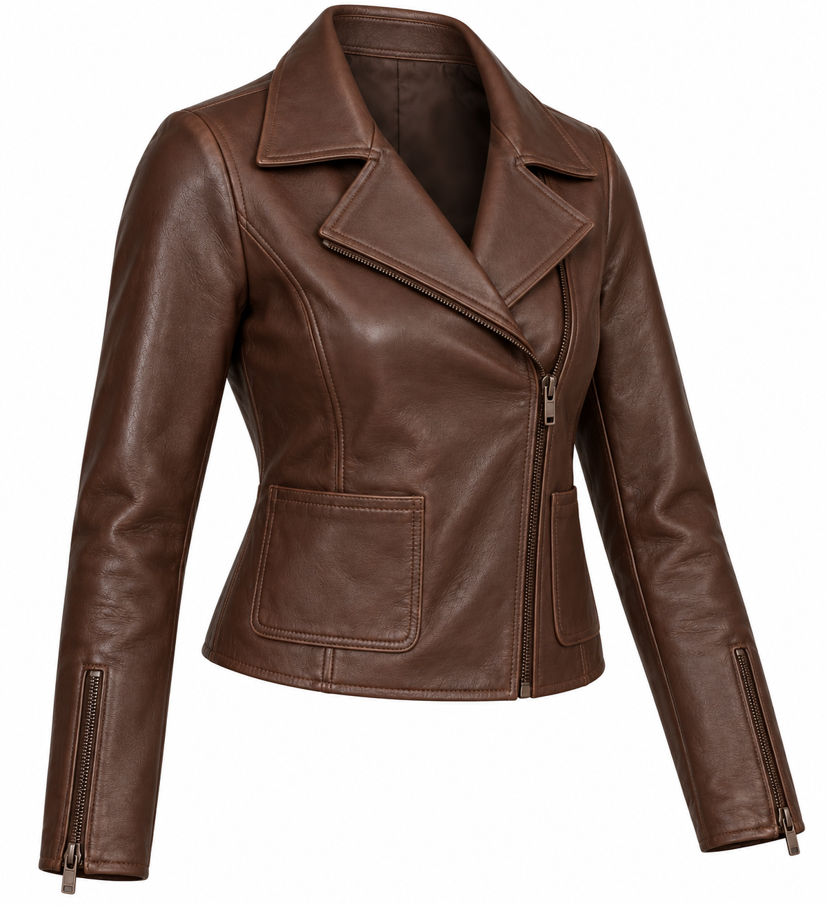 Women’s Brown Sheepskin Leather Cropped Patch-Pocket Asymmetric Moto Jacket — W003