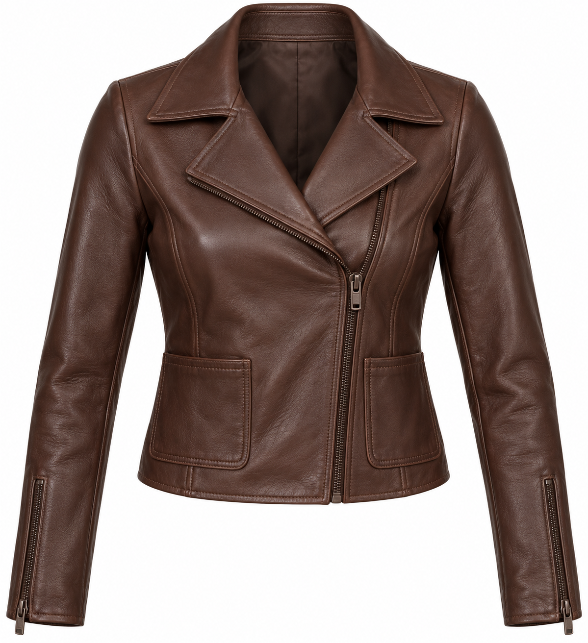 Women’s Brown Sheepskin Leather Cropped Patch-Pocket Asymmetric Moto Jacket — W003
