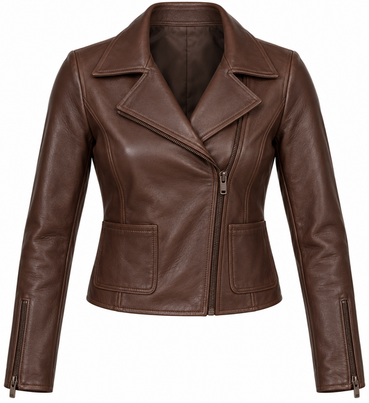 Women’s Brown Sheepskin Leather Cropped Patch-Pocket Asymmetric Moto Jacket — W003