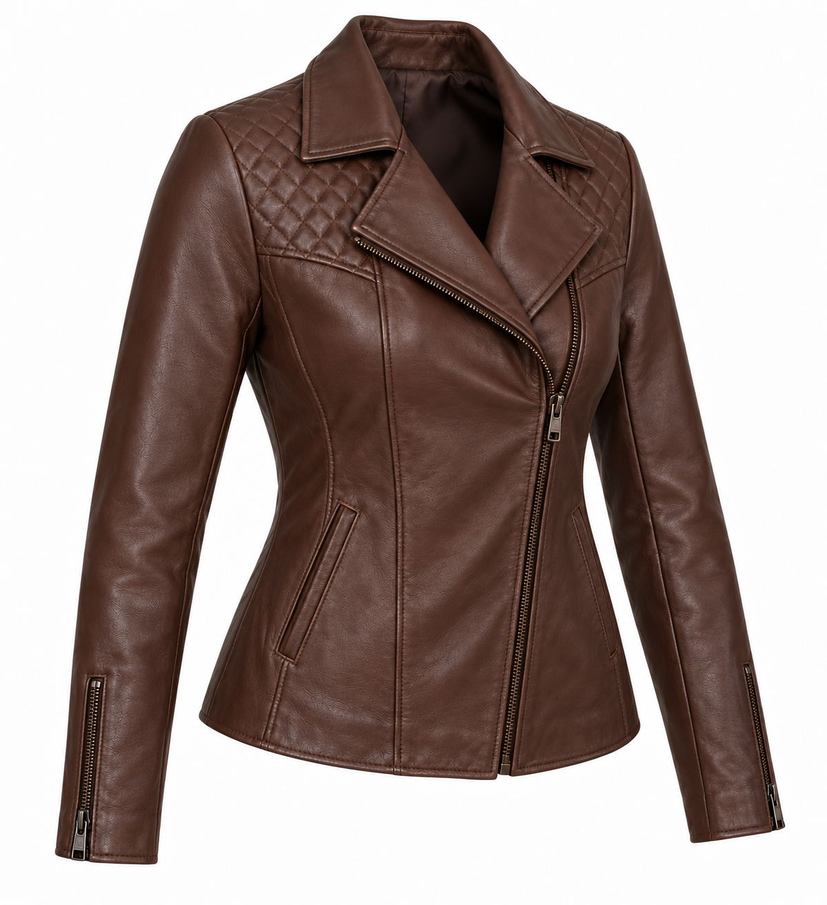 Women’s Brown Sheepskin Leather Diamond-Yoke Asymmetric Moto Jacket — W004