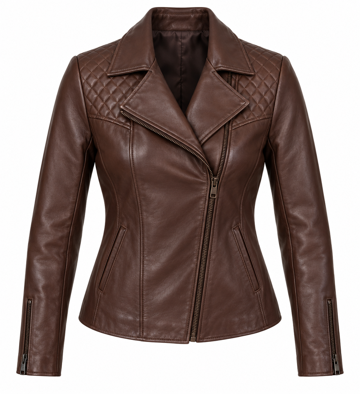 Women’s Brown Sheepskin Leather Diamond-Yoke Asymmetric Moto Jacket — W004