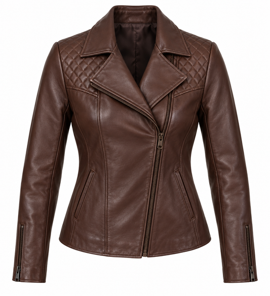 Women’s Brown Sheepskin Leather Diamond-Yoke Asymmetric Moto Jacket — W004