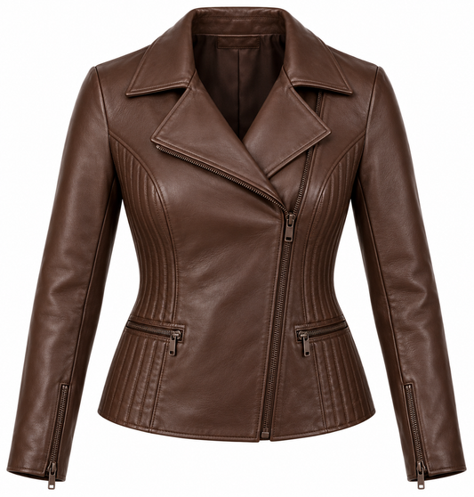 Women’s Brown Sheepskin Leather Channel-Panel Asymmetric Moto Jacket — W005